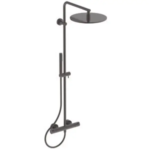 Duschsystem von Ideal Standard mit runder Kopfbrause, Handbrause und schlanker, vertikaler Montage. In mattem Schwarz gehalten, mit ergonomischen Griffen.